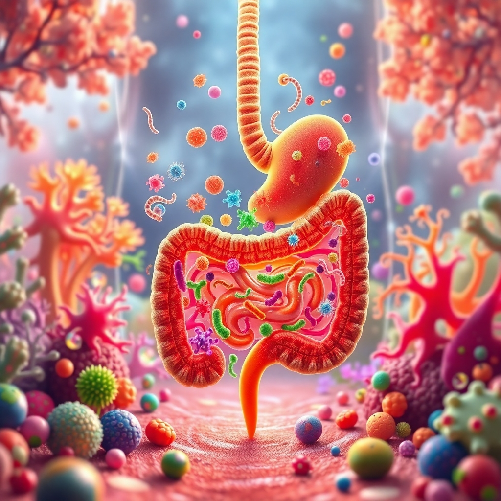 A vibrant, colorful illustration depicting a healthy human gut with diverse and happy bacteria thriving in a clean, spacious environment. The background should be a calming, natural scene with a focus on the gut microbiome.