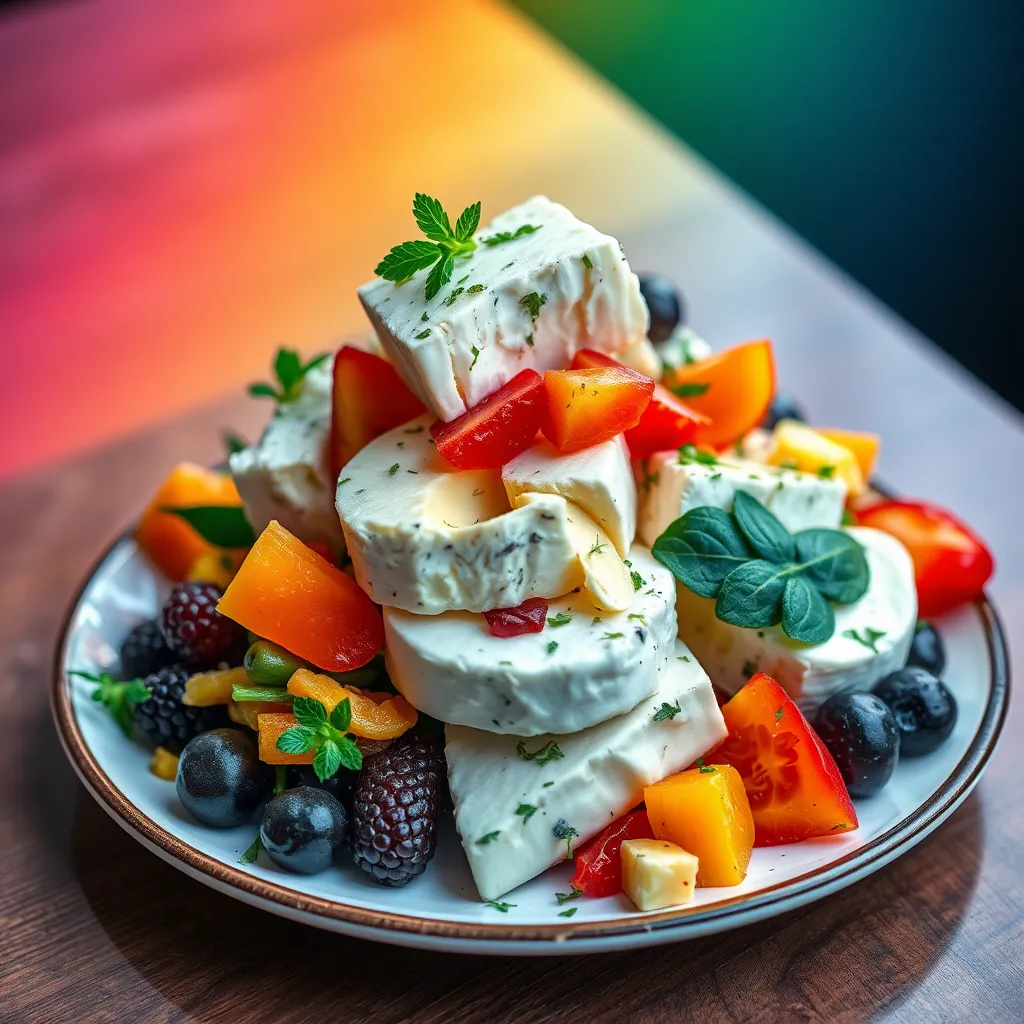 A vibrant, colorful image of a plate piled high with a selection of goat cheese-based dishes. Each dish features different vibrant fruits, vegetables, and herbs, highlighting the antioxidant richness of goat cheese. The image evokes a sense of healthy, youthful vitality, showcasing the anti-aging benefits.