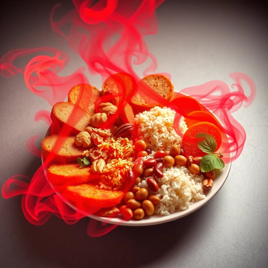 A vibrant, colorful image of a plate with various plant-based foods, such as bread, rice, beans, and nuts, surrounded by a red, swirling smoke effect to symbolize inflammation. The background should be a neutral, calming color to highlight the contrast.