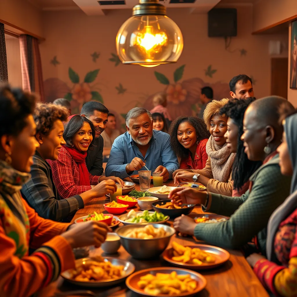 A vibrant, colorful image of a diverse group of people, all shapes and sizes, gathered around a table, sharing food and engaging in conversation. The atmosphere is warm and inviting, emphasizing the sense of community and mutual respect.