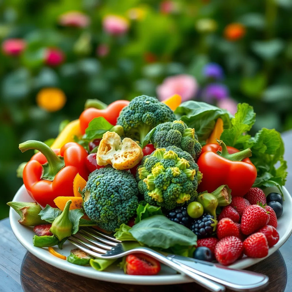  A vibrant, colorful plate overflowing with fresh, organic produce, like colorful bell peppers, broccoli florets, leafy greens, and ripe berries, with a fork and knife placed beside it. The background should be a blurred image of a lush, green garden, highlighting a connection to nature and healthy eating.