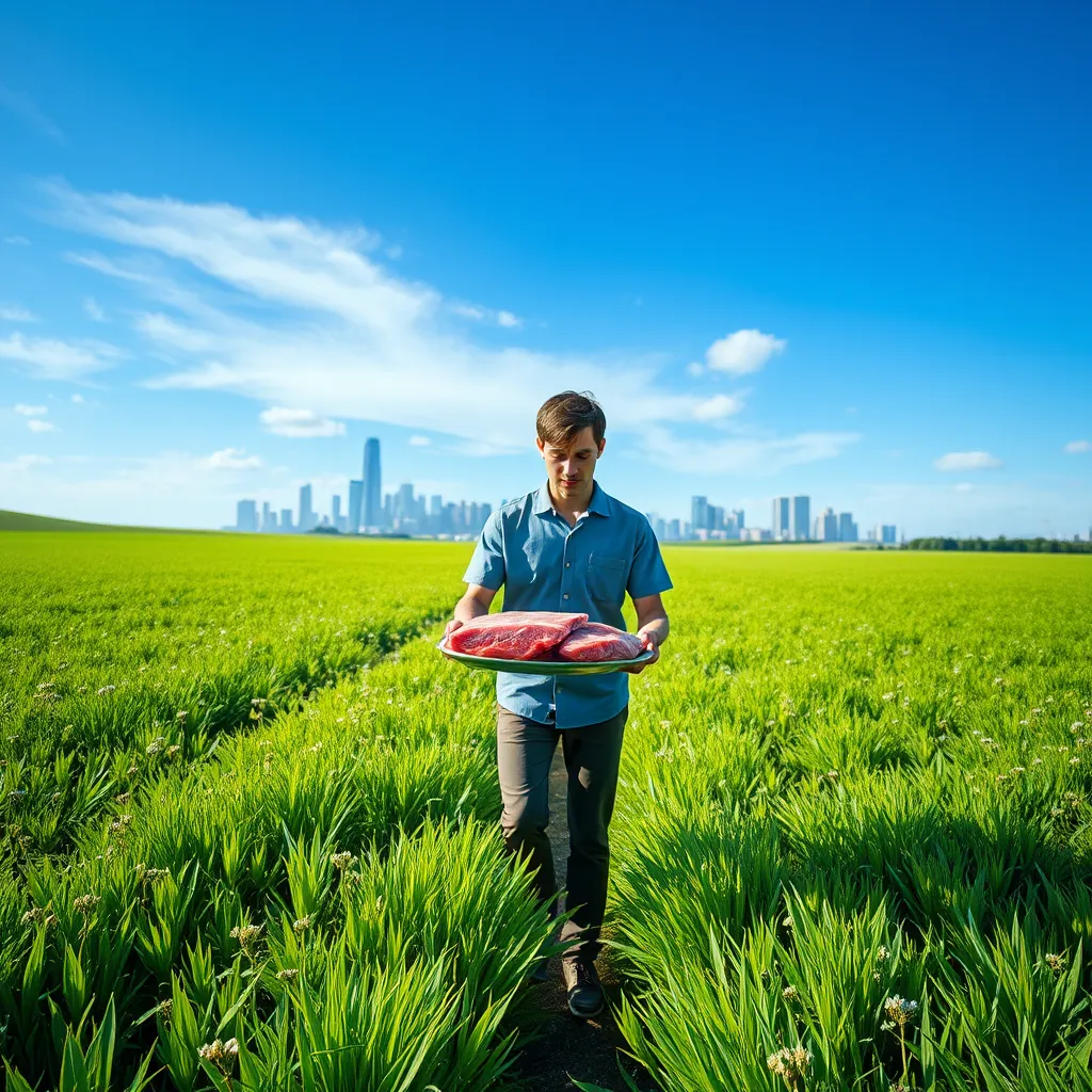 A vibrant, green meadow with a clear blue sky overhead. In the foreground, a person is walking through the meadow, holding a plate of fresh, raw meat. In the background, a city skyline is visible, representing the traditional, urban medical environment.