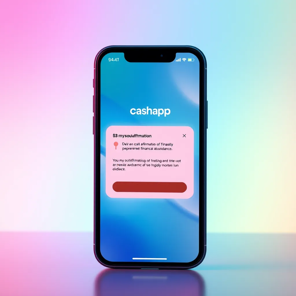 A vibrant, modern phone displaying the Cashapp app with a notification for a $mysoulaffirmation, featuring a positive affirmation about financial abundance. The background should be a calming gradient of pastel colors with subtle geometric patterns.