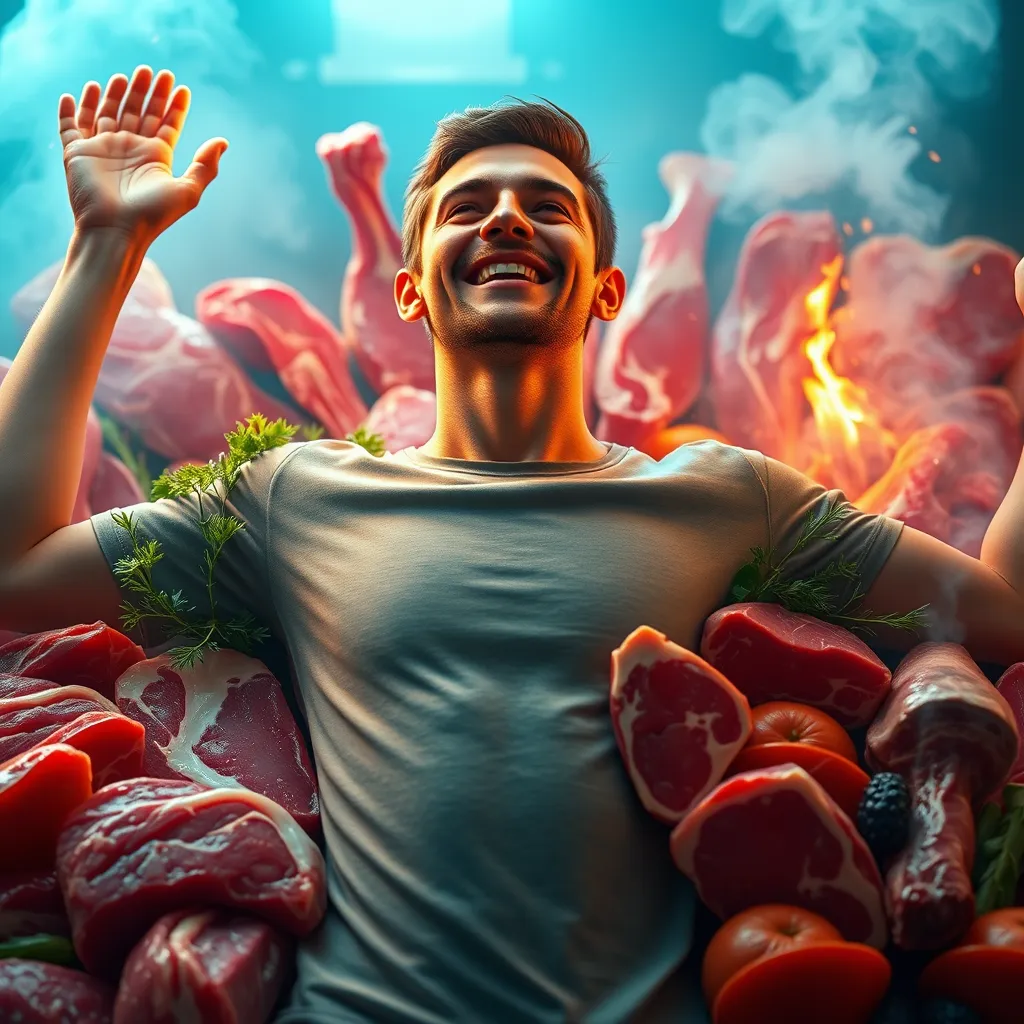 A vibrant, photorealistic image depicting a person feeling energized and healthy, surrounded by a colorful array of fresh, raw meat cuts. The image should have a clean and modern aesthetic, showcasing the natural beauty of meat as a powerful source of nutrition.