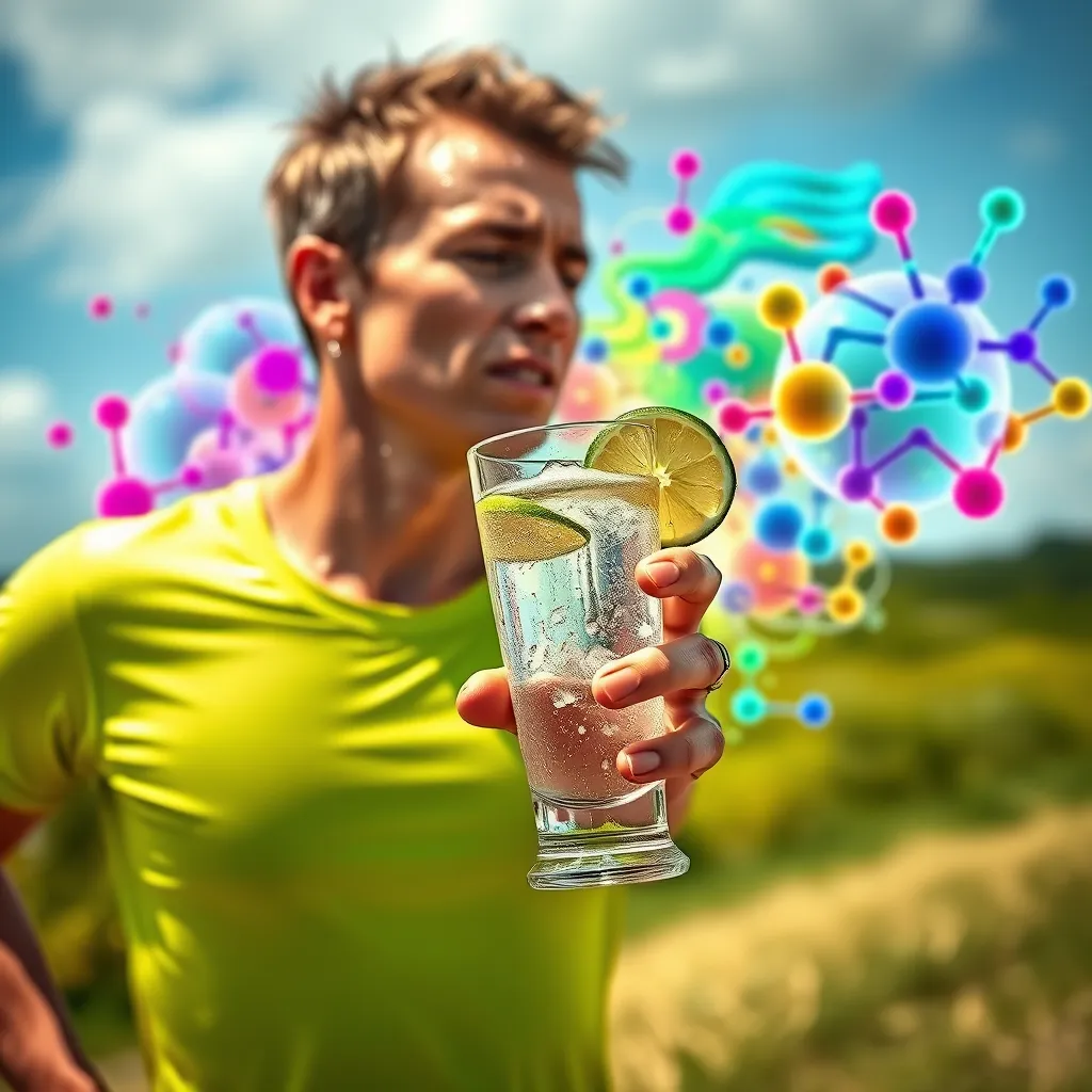 A vibrant, stylized image of a person exercising outdoors, sweat dripping from their brow. In their hand, they are holding a glass of sparkling water with a squeeze of lime. Behind them, a colorful, abstract representation of electrolyte molecules swirls, highlighting the crucial role they play in maintaining optimal hydration and performance.