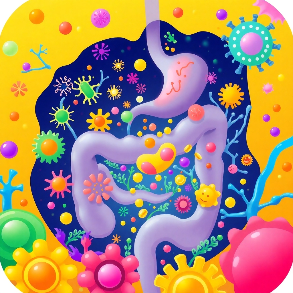 A vibrant and colorful illustration depicting a healthy gut microbiome with diverse bacteria, thriving and absorbing nutrients from food. The illustration should use a playful and whimsical style, highlighting the positive impact of Mutaflor yogurt on nutrient absorption. The colors should be bright and inviting, showcasing the symbiotic relationship between the gut microbiome and overall health.