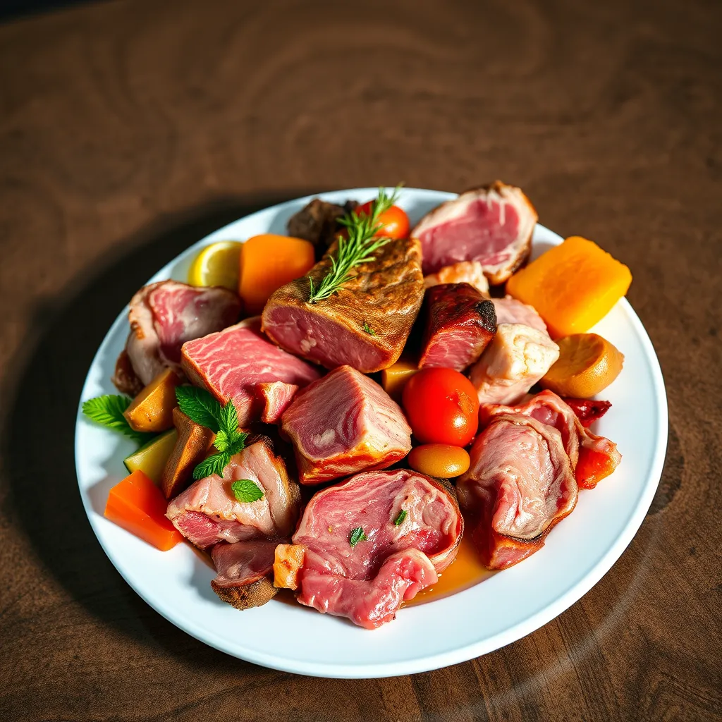 A vibrant and colorful image of a plate filled with various cuts of meat, showcasing the rich nutritional value of a carnivore diet. The image should highlight the diverse colors and textures of the food, representing a complete source of nutrients.