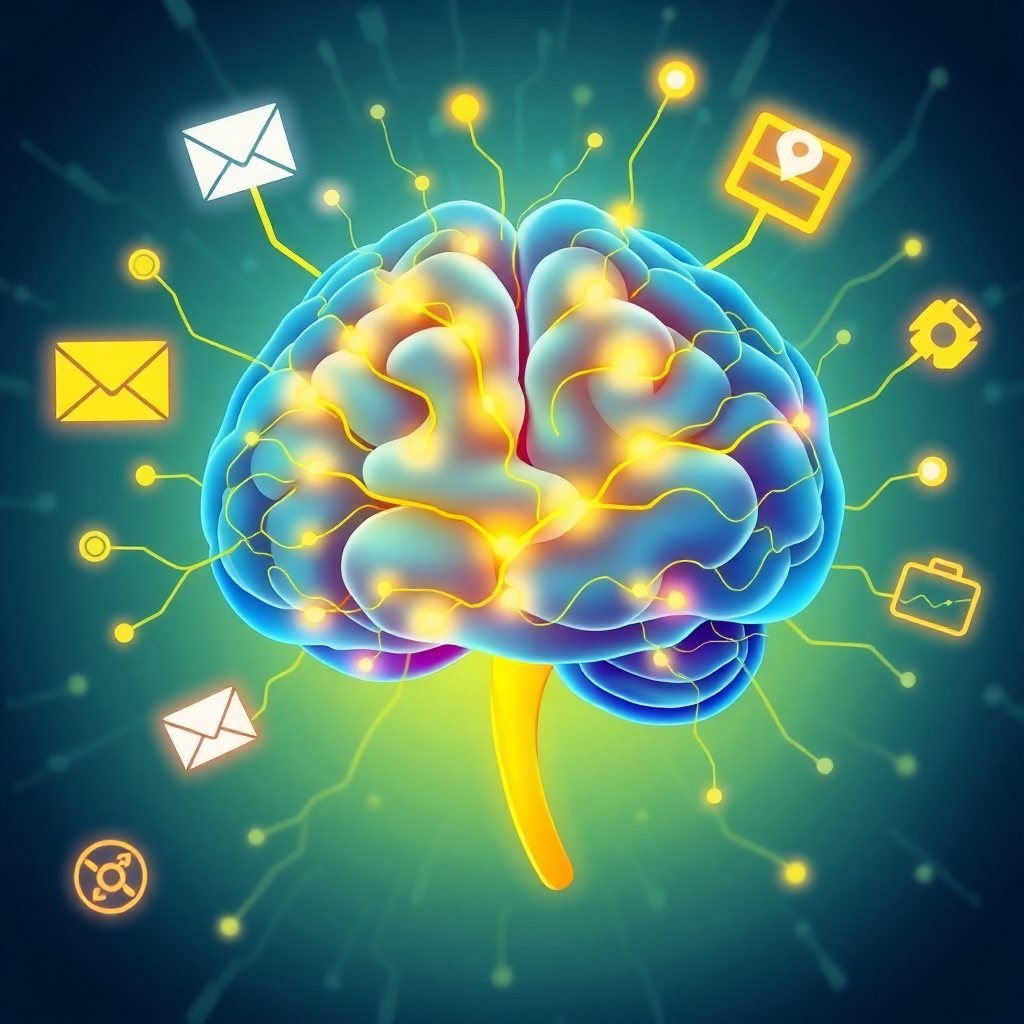 A vibrant and dynamic illustration of a brain with interconnected neural pathways, lighting up and rewiring in real time. The color scheme should be energetic and optimistic, featuring bright blues, greens, and yellows. In the background, subtle icons representing remote work tasks (email, video calls, project management) are integrated seamlessly. The overall image should convey the transformative power of neuroplasticity in enhancing remote work performance. Focus on the concept of adaptability and growth. The style should be modern and scientific, with a touch of artistic flair. 4K resolution, highly detailed.