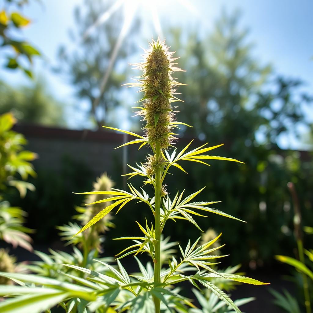 A vibrant and dynamic image of a sativa plant reaching towards the sun. The plant should be tall and slender, with narrow, light green leaves and airy buds. Bright, natural lighting should convey a sense of energy and vitality. The background could be a sunny outdoor garden, emphasizing the plant's preference for outdoor cultivation. The camera angle should be a low angle, emphasizing the height and reach of the plant. The overall style should be uplifting and invigorating, reflecting the effects of sativa strains.