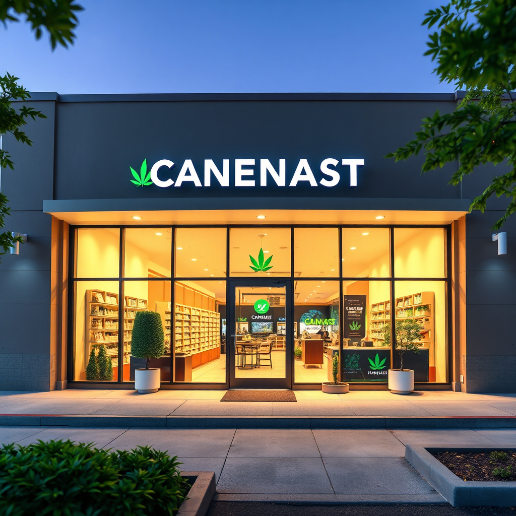 A vibrant and eye-catching exterior shot of a modern cannabis dispensary in Norfolk, VA. The focus is on showcasing the unique architectural design and inviting atmosphere of the store. Use a wide-angle lens to capture the entire facade of the building. The lighting should be bright and welcoming, highlighting the dispensary's branding and signage. The style is modern and stylish, reflecting the dispensary's commitment to quality and innovation. Render in high resolution with realistic detail, emphasizing textures and colors.