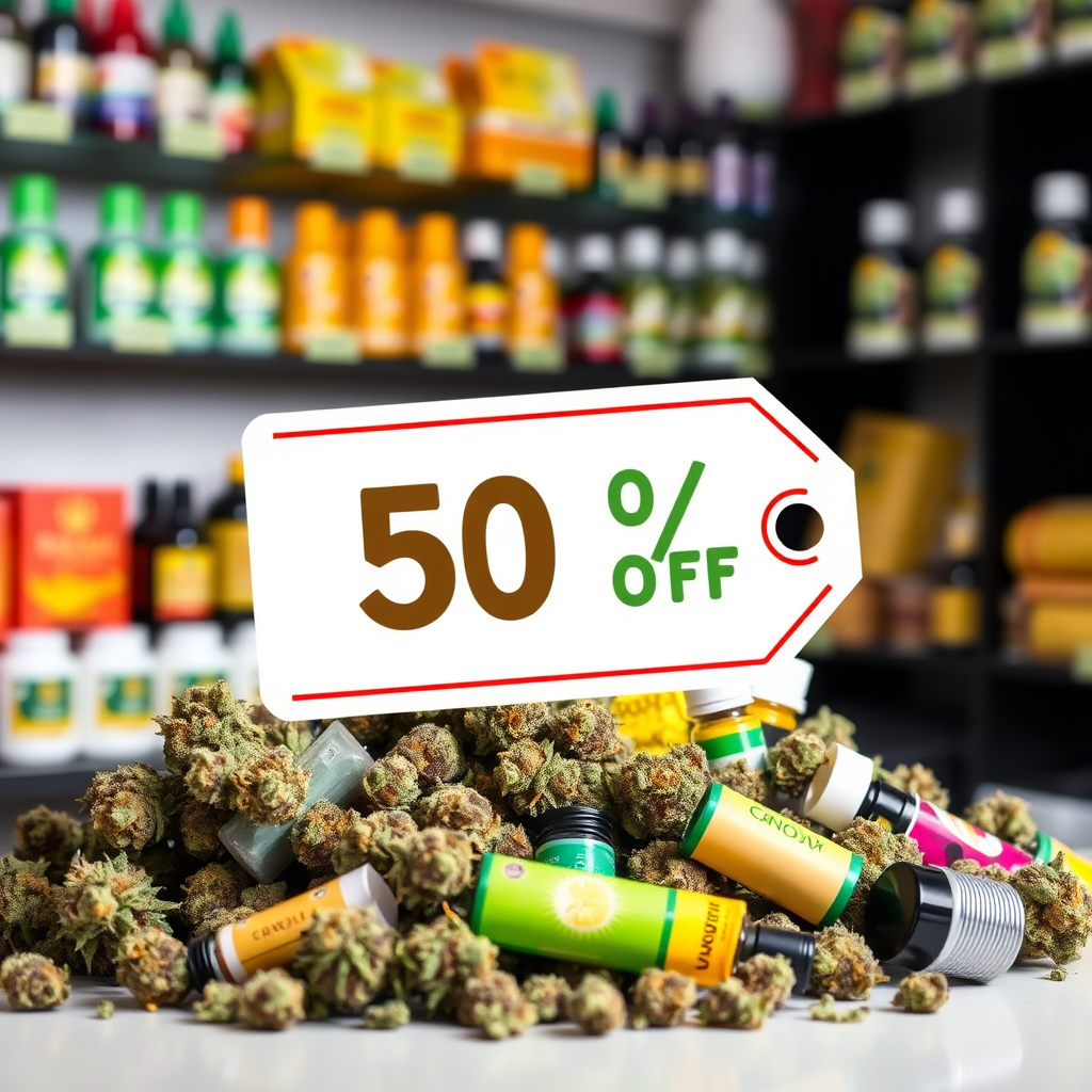 A vibrant and eye-catching image depicting a pile of cannabis products with a subtle discount tag overlayed. The background should be a blurred dispensary shelf filled with various products. Use a color palette of bright greens and yellows to attract attention. Style: Product photography with a playful, graphic design element.