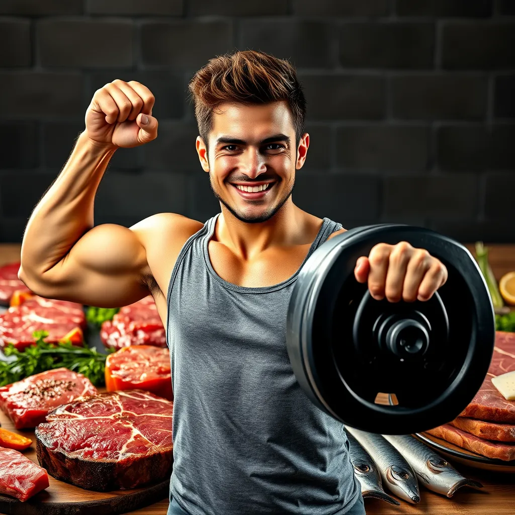 A vibrant and healthy-looking person confidently lifting a heavy weight, with a background featuring a spread of various cuts of meat, such as steak, chicken breast, and fish. The image should depict a sense of strength, vitality, and the positive impact of a high-protein diet.