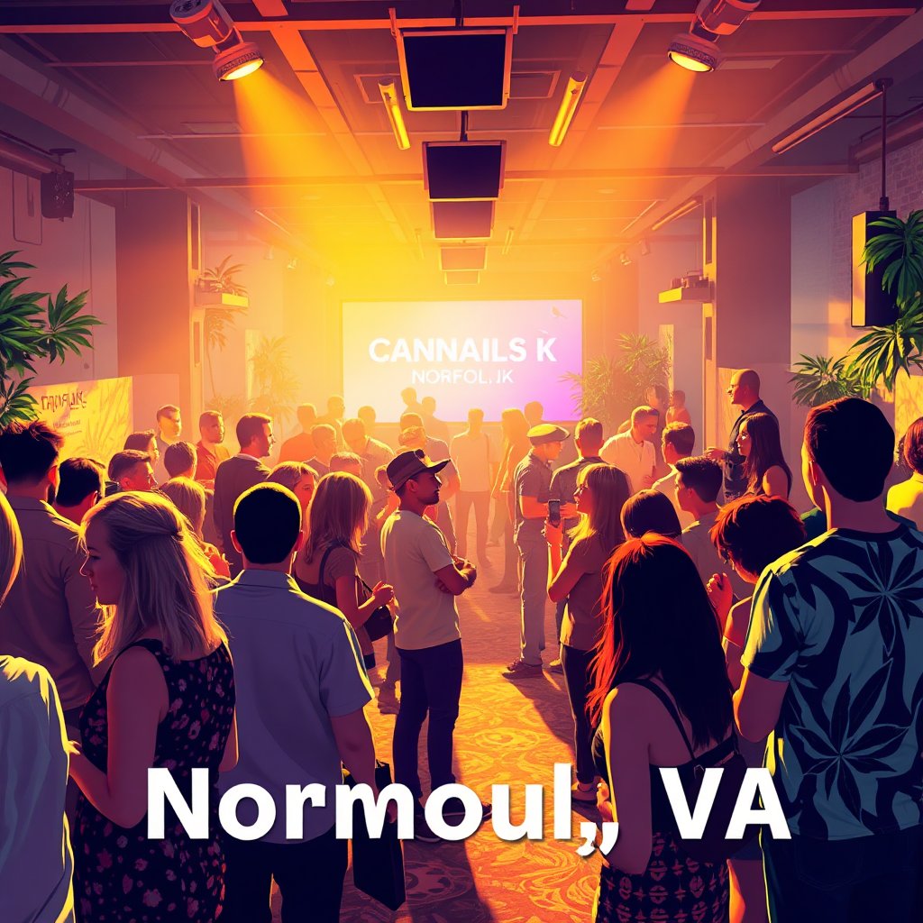 A vibrant and inclusive image of a group of people participating in a cannabis-related event in Norfolk, VA. The scene should convey a sense of community, connection, and shared interests. Use a diverse range of subjects and settings to represent the diversity of the local cannabis community. The lighting should be warm and inviting, creating a positive and uplifting atmosphere. The style should be modern and inclusive, reflecting the evolving cannabis landscape. Render in high resolution with realistic detail, capturing the energy and excitement of the event.