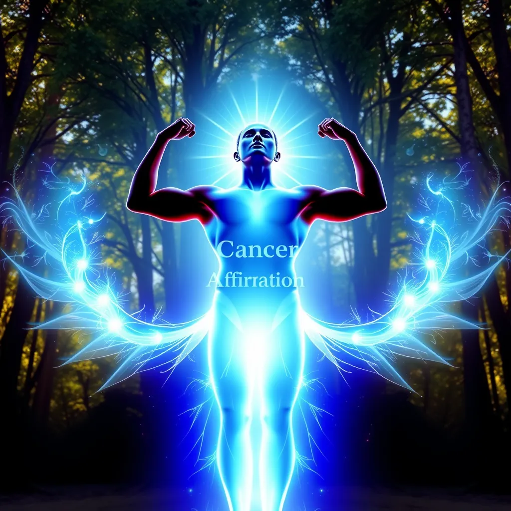 A vibrant and inspiring image depicting a person with a strong and confident posture, radiating positivity and health.  The person should be surrounded by a luminous white light, symbolizing the Cancer Affirmation's empowering message. The background could be a tranquil forest or a serene beach, representing a sense of peace and harmony within the body.