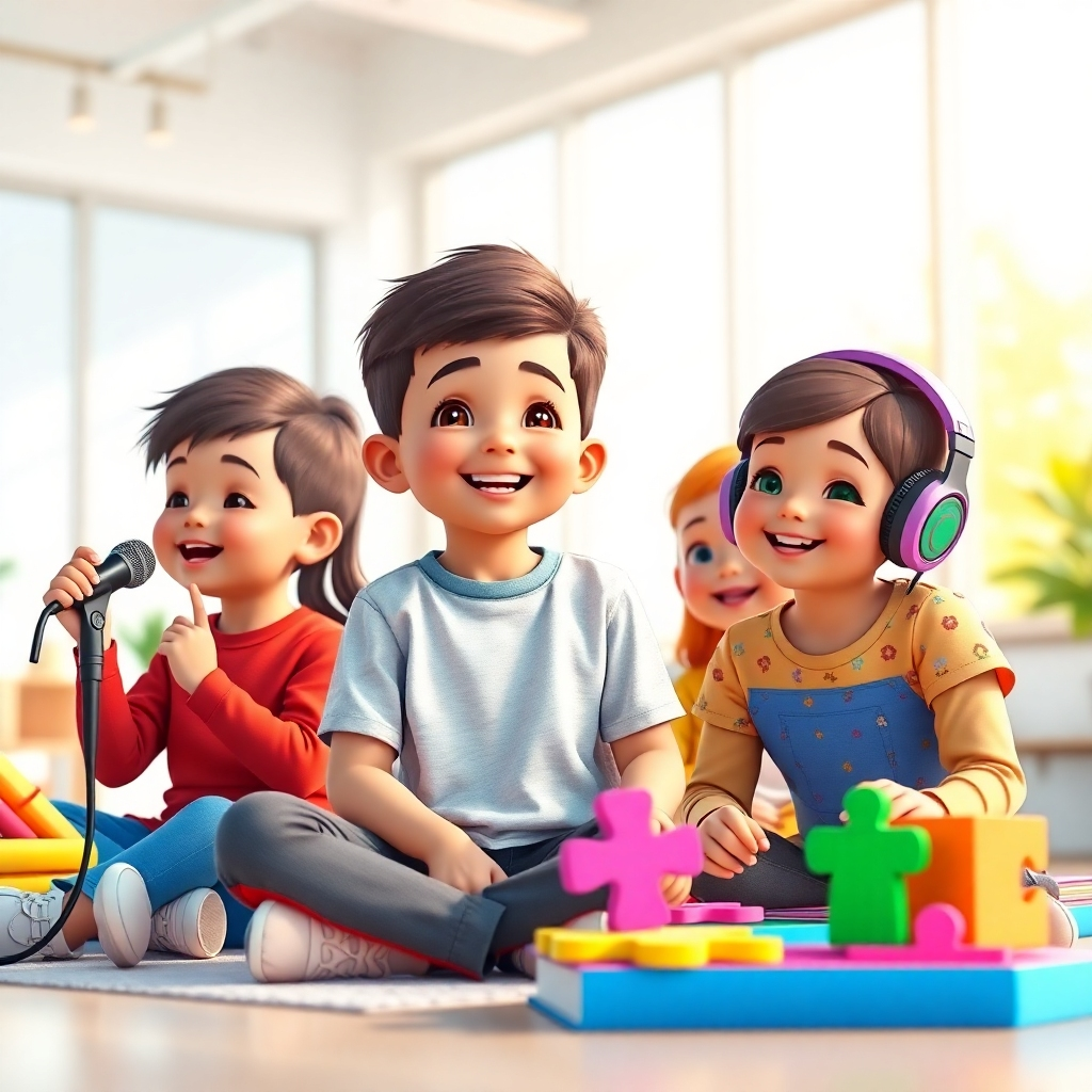 A vibrant and uplifting header image showcasing the concept of "Kid Learning Affirmations." Imagine a group of diverse children, aged 6-10, joyfully engaged in activities that represent affirmations, sound healing, and learning. One child is confidently speaking into a microphone (affirmation), another is peacefully listening to headphones (sound healing), and others are collaborating on a colorful puzzle (educational skills). The background is a bright, airy, and modern learning space filled with natural light and soft pastel colors. Use soft, diffused lighting to create a warm and inviting atmosphere. The camera angle is a slightly high, wide shot to capture the entire scene. Pay attention to texture details in the children's clothing, the learning materials, and the environment. Style should be photorealistic with a touch of playful illustration. Reference the vibrant and positive aesthetics of children's educational websites. Technical specs: 8K resolution, hyperrealistic.