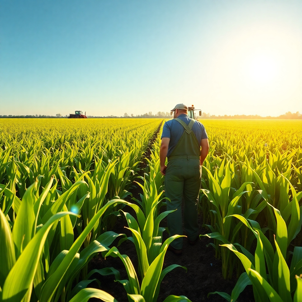 A vibrant field of GMO corn stretching towards the horizon. A farmer in overalls stands in the foreground, inspecting the rows of healthy plants. The sun shines brightly, illuminating the lush green corn stalks. In the distance, a modern farm tractor is visible, reflecting the mechanization and efficiency of modern agriculture.