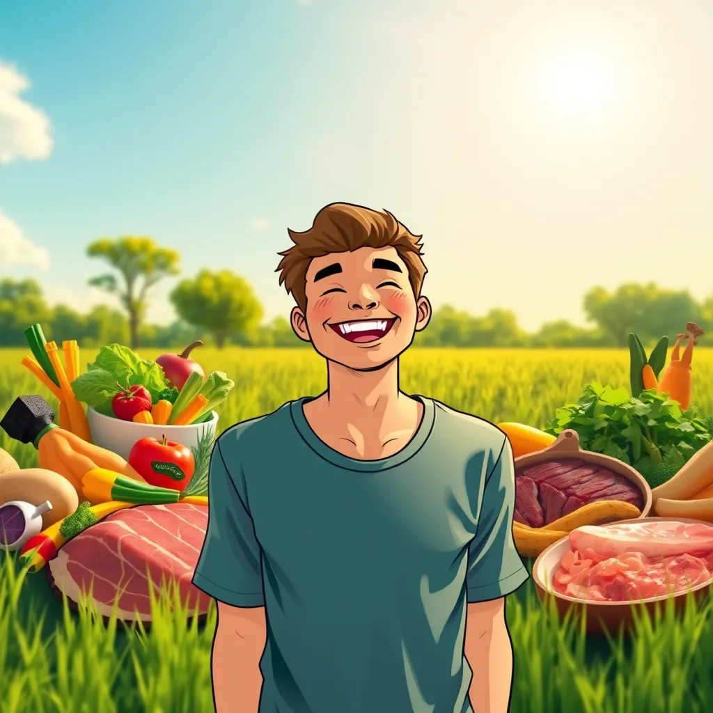 A vibrant illustration of a person with a happy and energetic expression standing in a field with a healthy glow, surrounded by a bright, sunlit sky. In the background, are various foods representing a plant-based diet and a carnivore diet, with the plant-based foods fading into the background and the carnivore foods in the foreground.