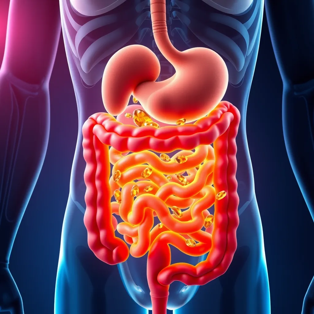 A vibrant illustration showing a healthy human digestive system with a focus on the intestines, highlighting the smooth movement of food and the absorption of nutrients. The image should depict a healthy balance of bacteria in the gut, emphasizing the positive impact of magnesium on digestion.