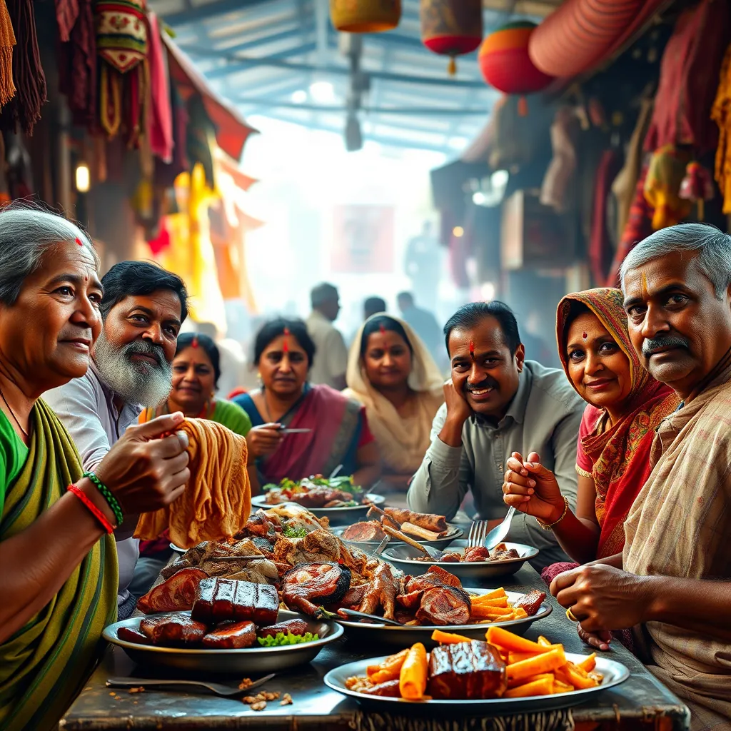 A vibrant image depicting a diverse group of Indian individuals enjoying a meal of different types of meat. The image should showcase the variety and deliciousness of a carnivore diet. Include elements like a vibrant, bustling Indian marketplace where meat is sold and a family sharing a meal together.