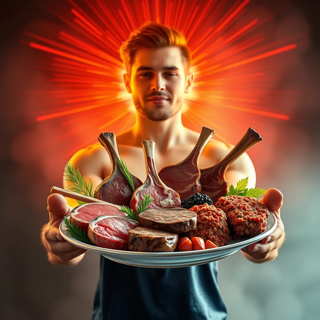 A vibrant image depicting a person with a glowing aura, radiating energy. They are holding a plate overflowing with various meat cuts, such as ribeye steak, lamb chops, and ground beef, symbolizing the nutrient-rich nature of the carnivore diet.