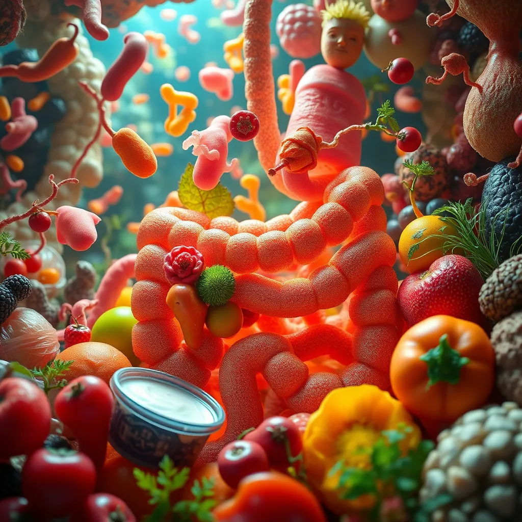 A vibrant image of a healthy gut microbiome with diverse beneficial bacteria thriving in a balanced ecosystem. Show a variety of foods like fermented vegetables, yogurt, and prebiotic-rich fruits and vegetables, emphasizing the importance of a diverse diet for gut health.