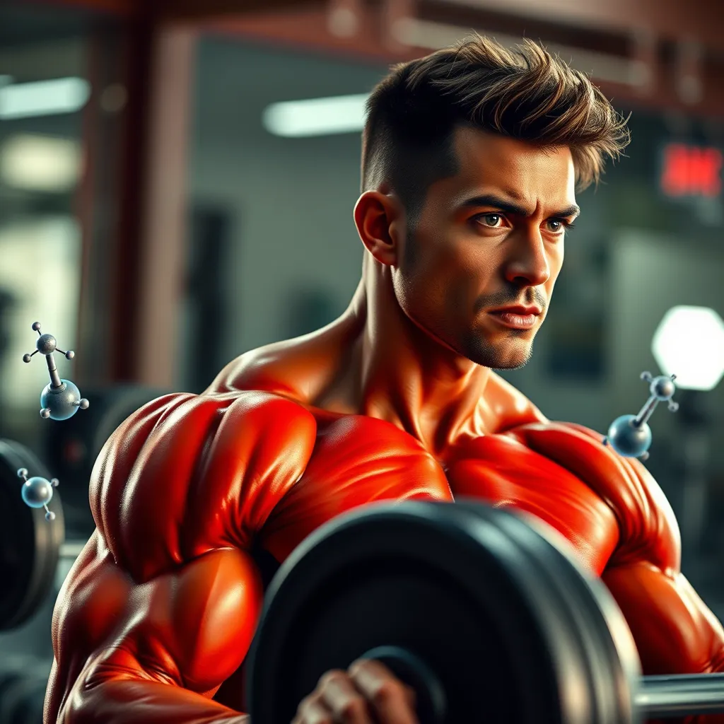 A vibrant image of a person lifting weights with a focused expression. In the background, there should be a subtle visualization of magnesium molecules surrounding the muscles, emphasizing their role in muscle recovery and performance.