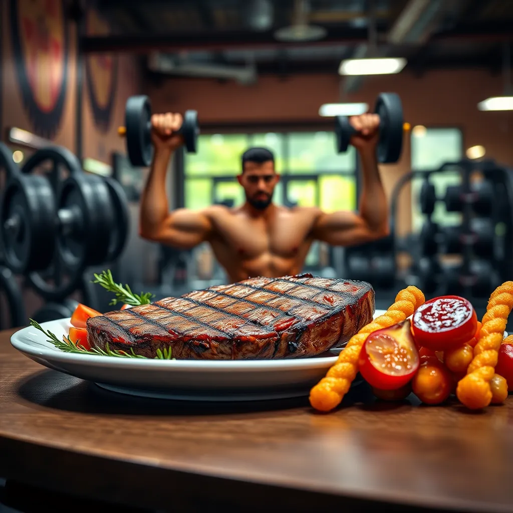 A vibrant image of a person lifting weights in a gym, with a plate of perfectly grilled steak and vegetables on a table in the foreground. The image should convey a sense of strength, vitality, and healthy eating habits.