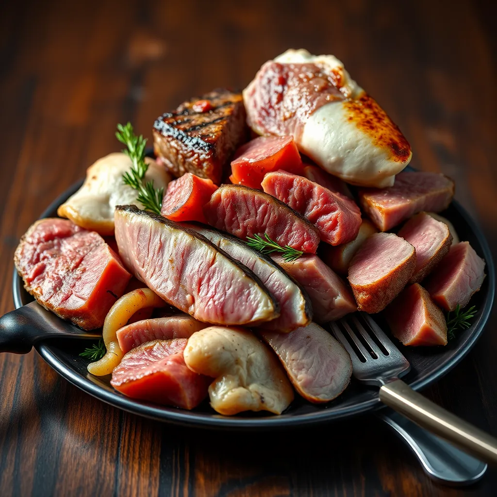 A vibrant image of a plate piled high with various cuts of meat, including succulent steaks, juicy chicken breasts, and flaky fish fillets, with a background of rich, dark wood and an elegant knife and fork placed beside the plate.