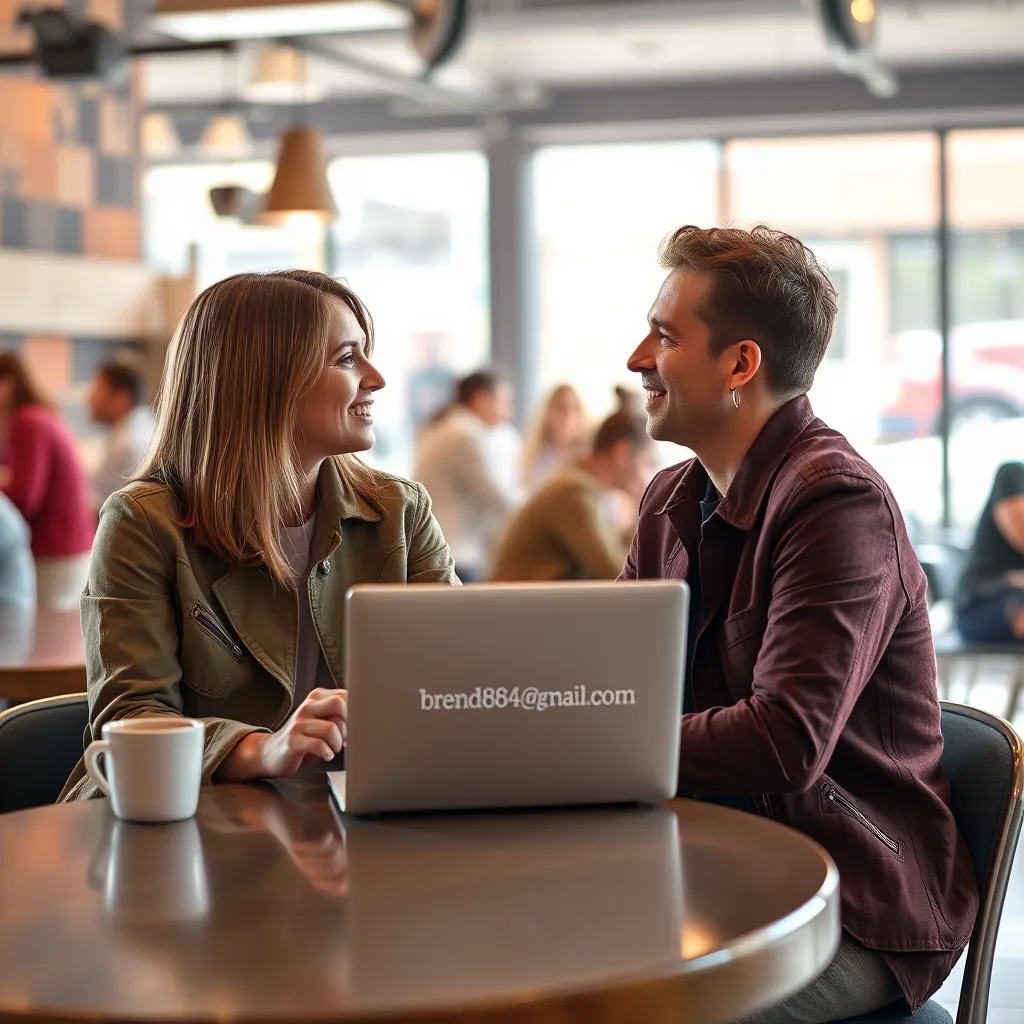 A vibrant image of two people sitting at a table in a coffee shop, engaged in a conversation. They are both looking at each other, and one of them is holding a laptop with the email address 'brendan864@gmail.com' displayed on the screen. The background should be a busy coffee shop with natural light streaming in.