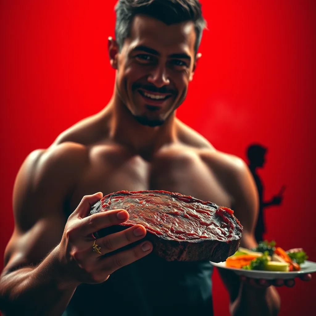 A vibrant image showcasing a healthy, athletic individual holding a juicy steak, with a bright red background. In the background, a silhouette of a person holding a plate of vegetables, looking smaller and less vibrant, fades into the distance.