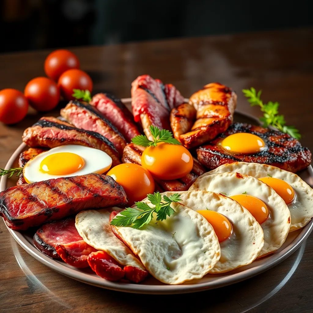 A vibrant photo showcasing a variety of meat and eggs, including steaks, chicken breasts, and omelets, arranged artfully on a platter with a spotlight focused on the plate, emphasizing the nutritional richness of the foods.