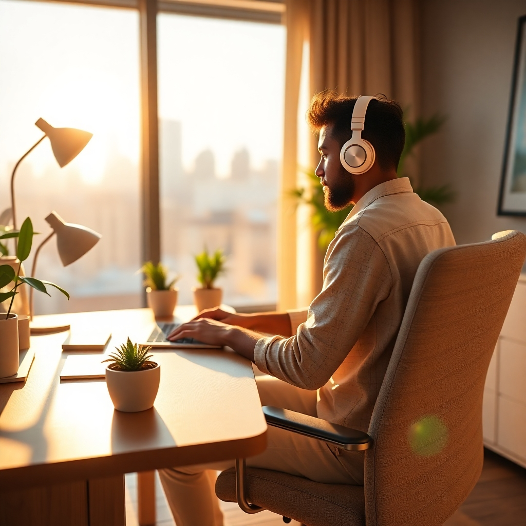 A vibrant, photorealistic 8K image depicting a serene home office setup bathed in warm, golden sunlight. A focused individual is working at a clean desk, surrounded by calming elements like plants and soft lighting. Subtle visual cues suggest the integration of affirmations – perhaps a small, elegant display showing a positive quote, or headphones emitting a soft, ambient glow representing healing frequencies. The composition emphasizes a sense of calm productivity and mental clarity. In the background, a blurred cityscape represents the professional world, while the foreground signifies the comfort and control of the home environment. Textures should be highly detailed, from the wood grain of the desk to the fabric of the chair. The color palette should be warm and inviting, using natural tones with accents of gold and blue to represent focus and tranquility. The camera angle should be slightly low, looking up at the individual to convey a sense of empowerment. Hyperrealistic rendering is essential.
