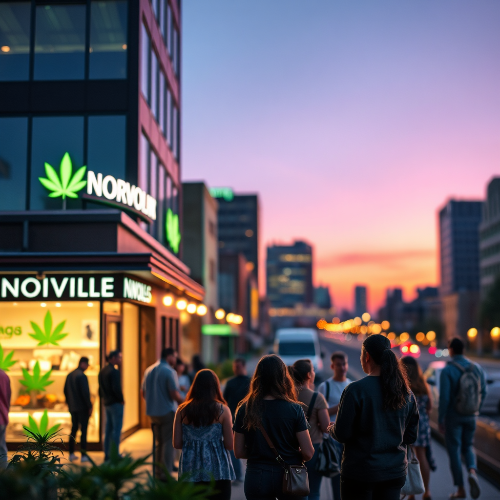 A vibrant, photorealistic image of Norfolk, VA's cityscape at dusk, with subtle green and purple hues representing cannabis culture. In the foreground, a diverse group of people are engaged in conversation, illuminated by the warm glow of a nearby dispensary. The scene should convey a sense of community, safety, and knowledge. Include elements like cannabis leaves subtly integrated into the architectural details or street art. Use a shallow depth of field to focus on the people and the dispensary, blurring the background cityscape slightly. Lighting should be soft and inviting, with a focus on creating a welcoming atmosphere. The style should be modern and inclusive, reflecting the evolving cannabis landscape. Render in 8K resolution with hyperrealistic detail, emphasizing textures and reflections.