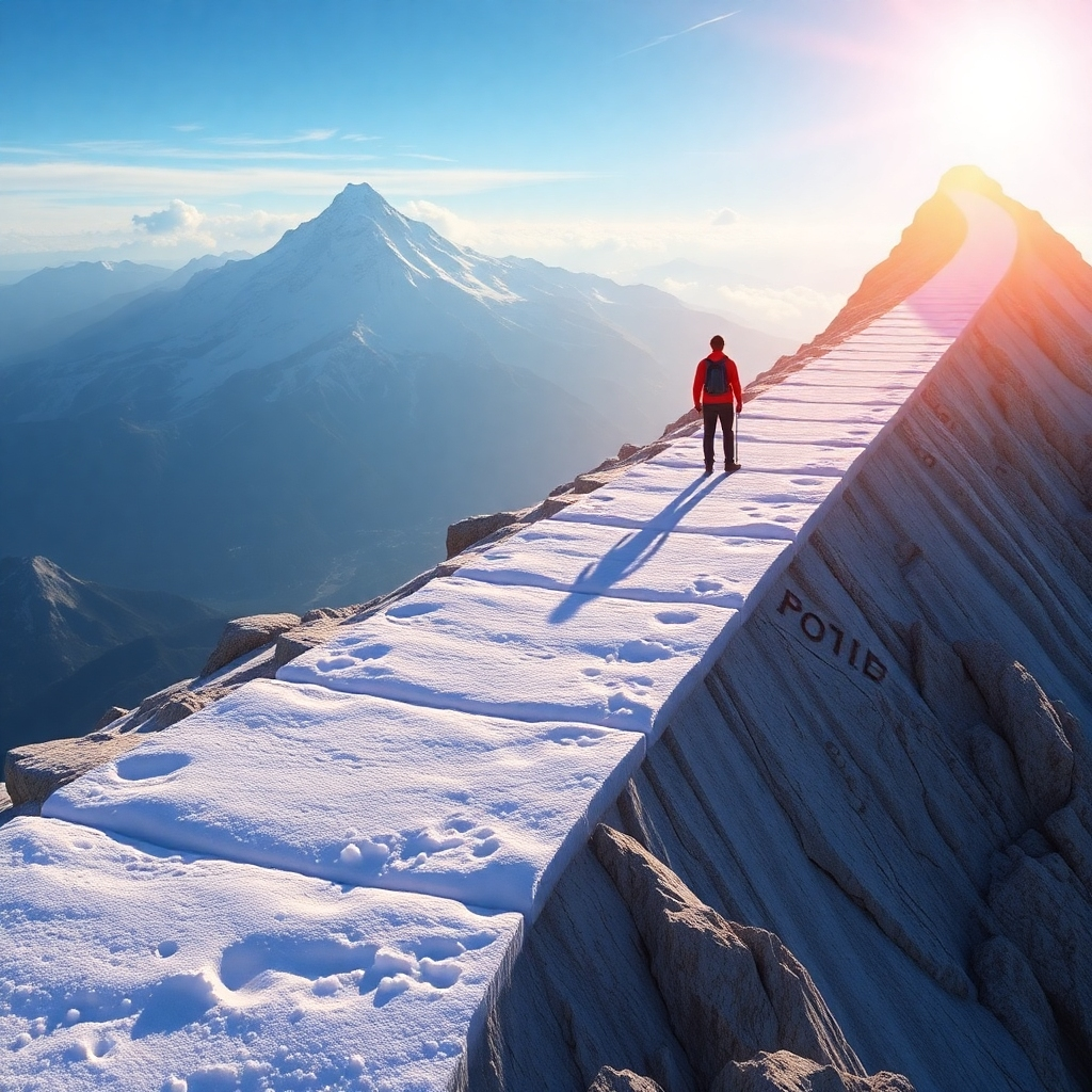 A vibrant, photorealistic image depicting a person confidently reaching towards a bright, sunlit peak of a mountain.  The path is challenging but achievable, with positive affirmations subtly inscribed on milestones along the way. The overall feeling should be one of empowerment and success.