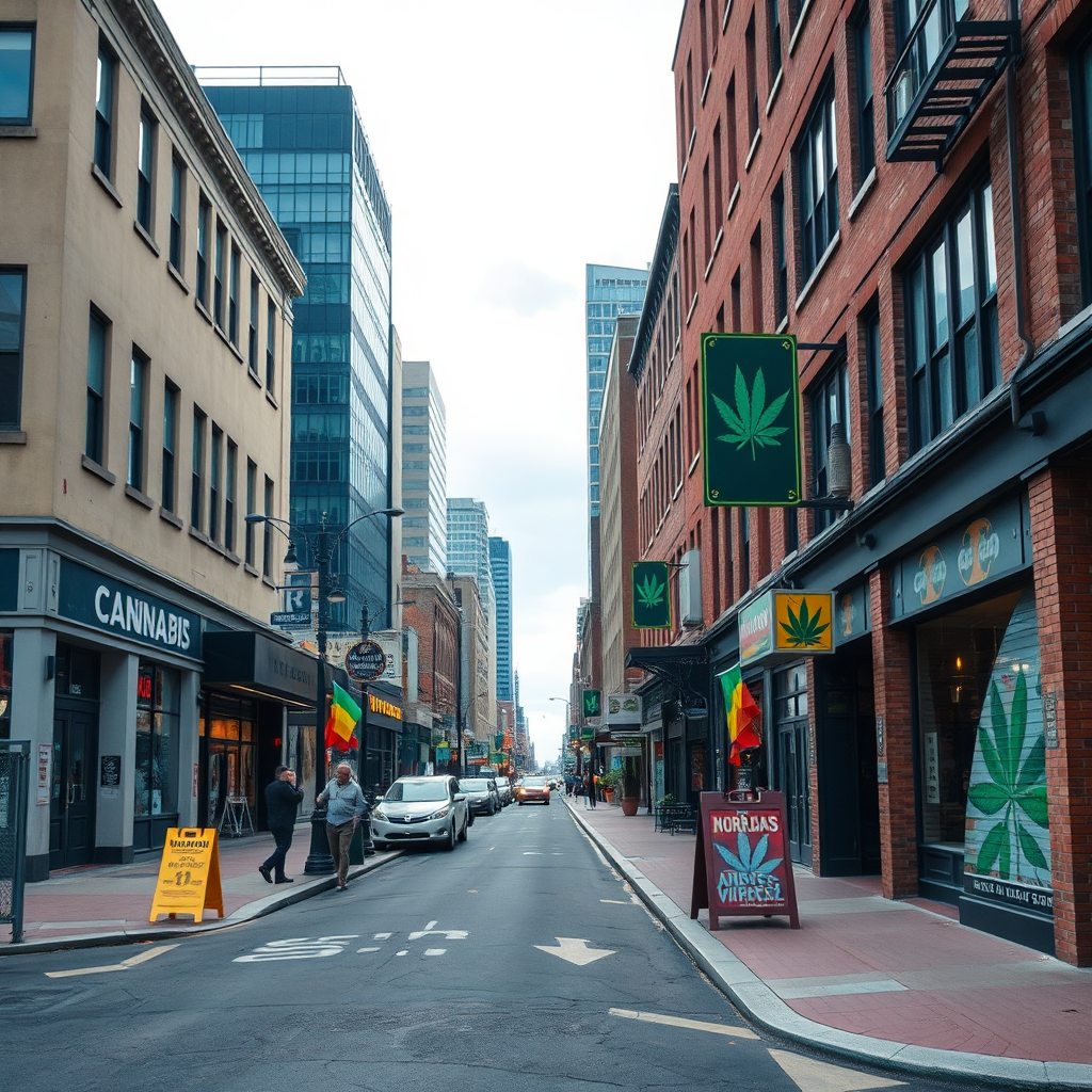 A vibrant, photorealistic image of a Norfolk street scene, subtly incorporating cannabis-related elements like murals or artwork. Focus on capturing the city's unique atmosphere and energy. 4k resolution, street photography style.