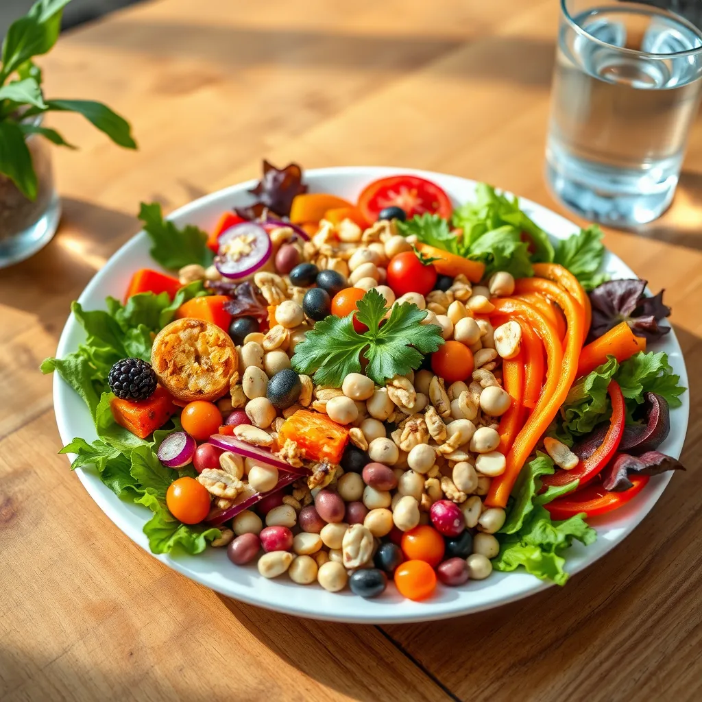A vibrant plate filled with colorful vegetables, fruits, legumes, nuts, and seeds. The plate is set on a wooden table with a glass of water beside it. The scene is bright and inviting, showcasing the abundance and variety of plant-based foods.