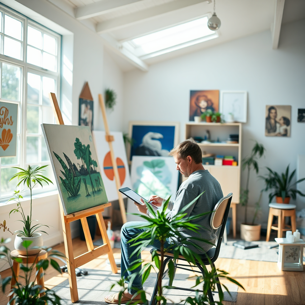 A vibrant scene of a person working on a creative project (painting, writing, music) in a bright, airy studio in Norfolk. Focus is on the person's energetic engagement and creative output. The scene suggests the energizing effects of Sativa. Style: Lifestyle, energetic, creative. Technical specs: 4K resolution, high quality, vibrant colors.