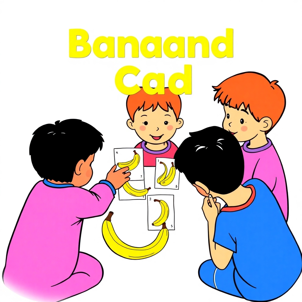 A vibrant, stylized image of children using the banana cards; perhaps playing a game, reading the cards aloud, or decorating the cards.  The cards themselves are brightly coloured and prominently feature bananas. Resolution: 4K. Style: Vibrant and playful illustration. Color palette: Bright, playful with prominent yellows.