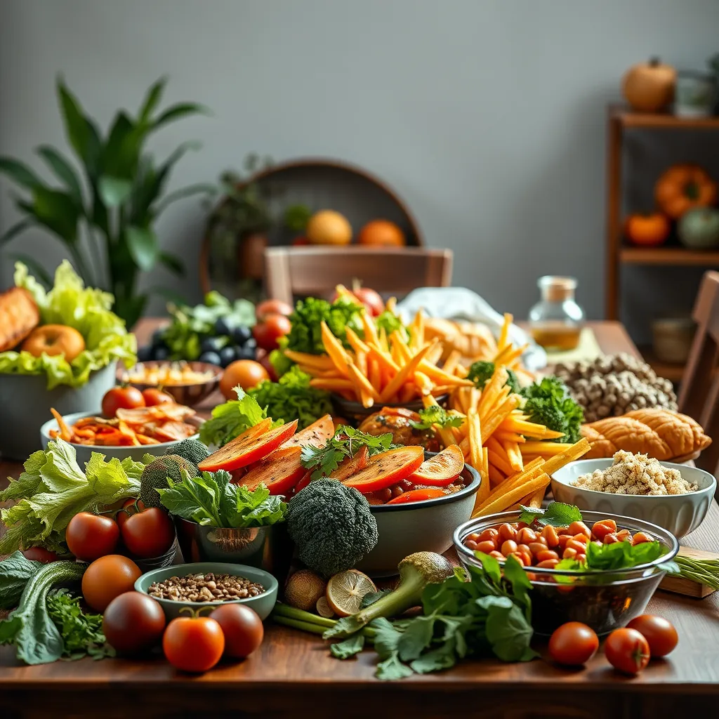 A vibrant table setting with a variety of healthy foods, including both plant-based and animal-based options. The image should convey the concept of balance and diversity in nutrition, with a focus on personalized dietary choices.