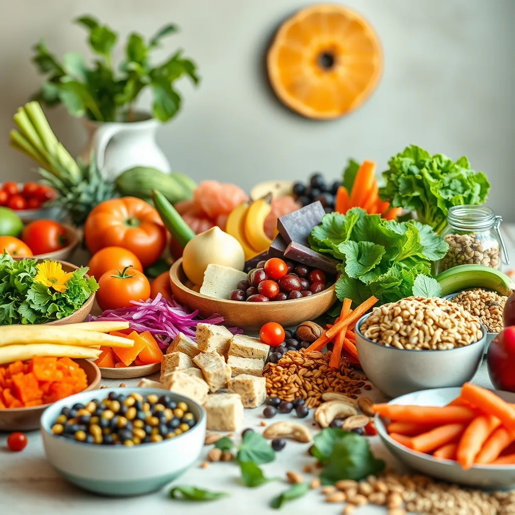 A vibrant table spread with a colorful array of vegan foods: fresh fruits, vegetables, legumes, nuts, seeds, tofu, tempeh, and whole grains.  The food should be arranged artistically, highlighting the variety and vibrancy of a vegan diet.  The lighting should be natural and warm, emphasizing the natural beauty of the food.