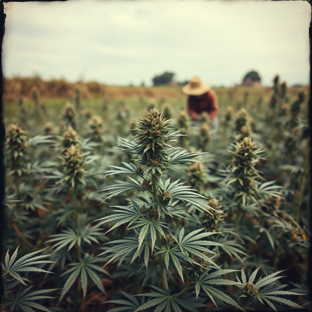 A vintage-style photograph of indigenous cannabis plants growing in a natural environment, perhaps with a farmer tending to them in the background. The scene should evoke a sense of history and tradition. Colors are muted and earthy. Style: Historical, documentary, agricultural. Technical specs: 4K resolution, high quality, vintage filter.