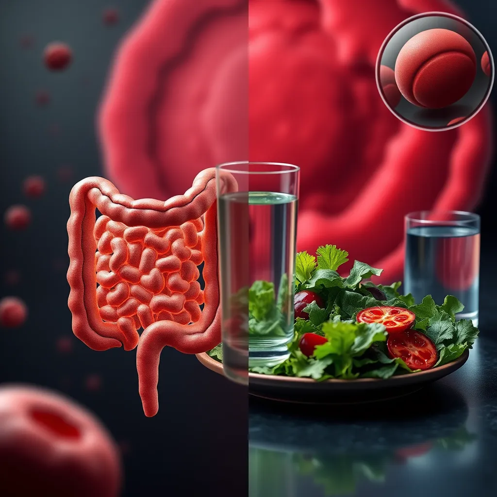 A visual representation of a healthy gut with diverse bacteria on the left side. On the right, a gut with limited bacteria and inflammation, alongside a plate of leafy greens and a glass of water. The background shows a magnified view of a red blood cell with a low iron level.