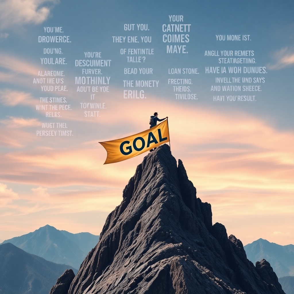 A visual representation of a person climbing a mountain. At the summit, a banner displays their goal. The sky above is filled with inspiring affirmations. Style: Motivational, epic, and inspirational.