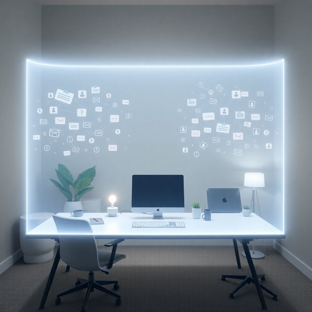 A visual representation of a serene workspace, shielded from external distractions by a protective energy field. The environment is calm and inviting, with subtle elements representing focus and mindfulness. Outside the energy field, chaotic imagery of notifications, social media feeds, and other distractions is depicted. Use a contrasting color palette to differentiate between the focused environment and the distracting elements. The image should convey a sense of control and empowerment, highlighting the ability to create a distraction-free workspace for optimal productivity.