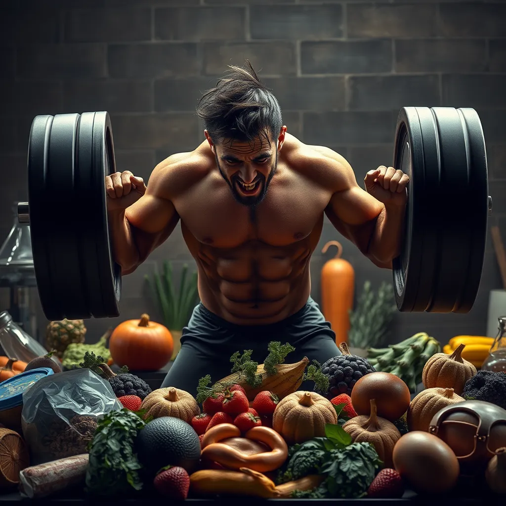 A visual representation of a vegan athlete struggling to lift heavy weights, surrounded by various plant-based protein sources. The image should convey a sense of effort and difficulty, emphasizing the challenge of meeting protein needs on a vegan diet.