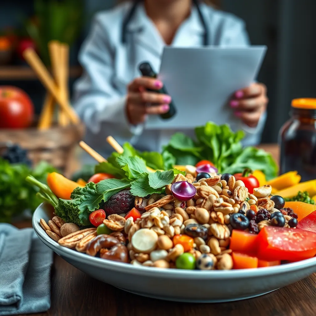 A visual representation of a well-planned vegan diet. It should include a vibrant colorful plate filled with a variety of vegetables, fruits, nuts, seeds, and legumes. In the background, a nutritionist is seen guiding a person on a vegan diet with a checklist and a supplement bottle, emphasizing the importance of planning and supplementation.