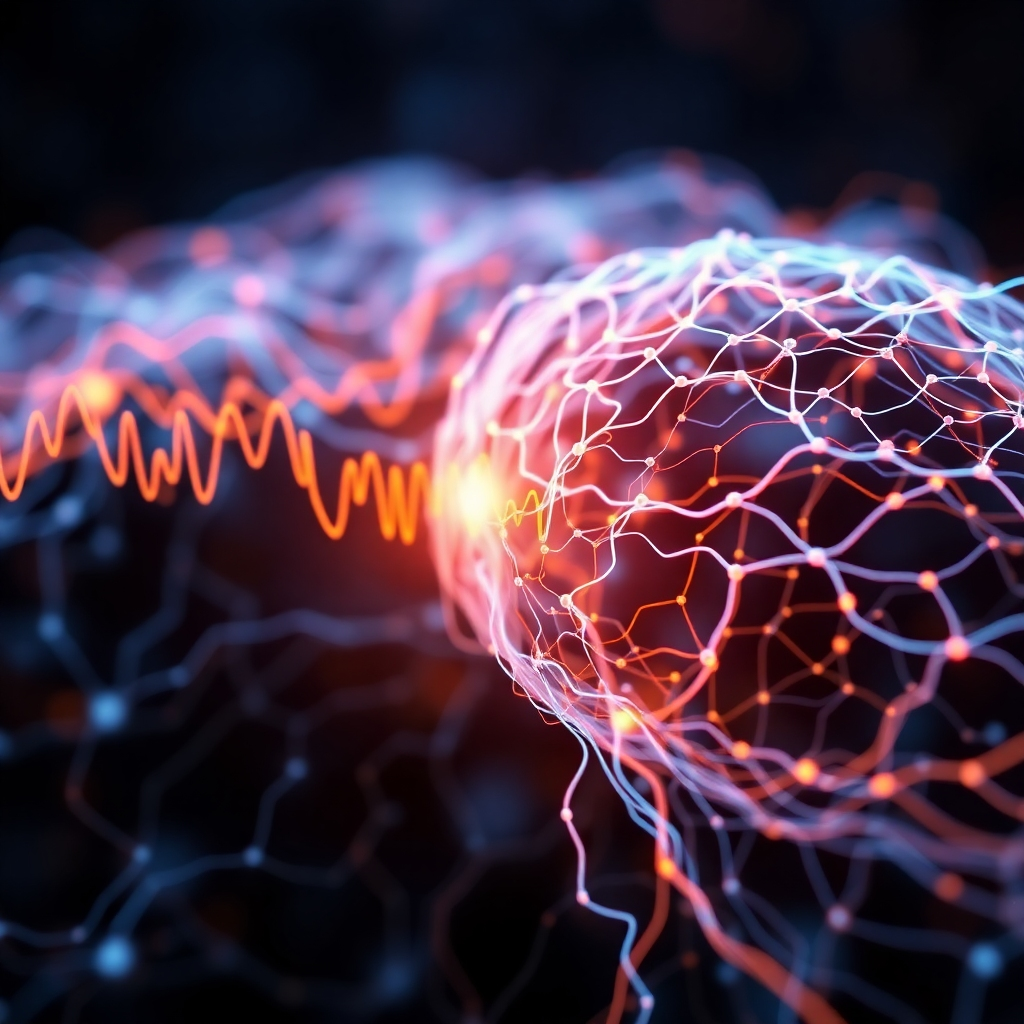 A visual representation of sound waves interacting with neural pathways, demonstrating the calming effect of frequencies on the nervous system. The image should be visually appealing and informative. Style: Abstract and scientific. Camera angle: Medium shot showing the interaction of sound waves and neural pathways.