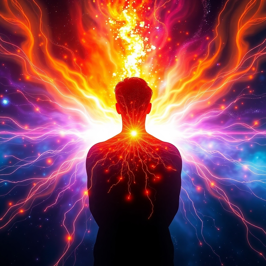 A visual representation of the Law of Attraction. Visualize a vibrant, pulsating energy field surrounding a person. The energy field is shaped by their thoughts and emotions, attracting similar energies towards them. Positive thoughts create a bright, harmonious energy field, while negative thoughts create a dark, chaotic energy field. The background is a stylized representation of the universe. Color palette: dynamic contrast between positive and negative energies. Camera angle: medium shot, focusing on the person and the energy field. Style references: abstract, energetic, and scientific. Technical specs: 4K, dynamic lighting.