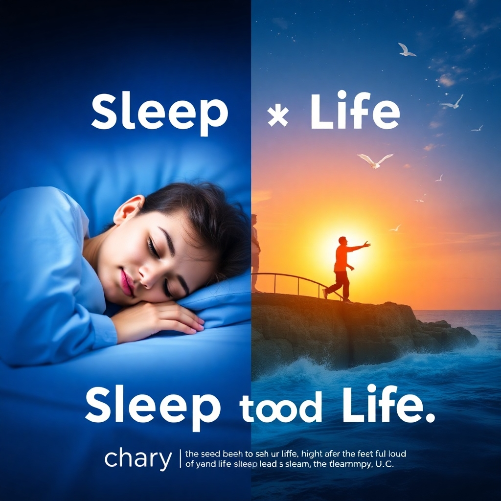 A visual representation of the connection between sleep and life. One side of the image depicts a person sleeping peacefully, while the other side depicts a vibrant and fulfilling life. A connecting bridge symbolizes the transformative power of sleep. The composition emphasizes the positive impact of good sleep.