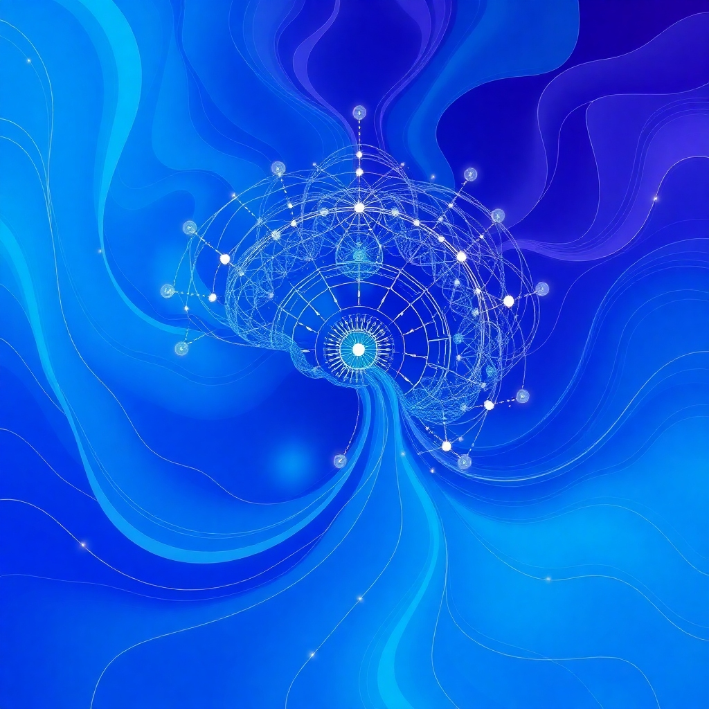A visual representation of theta frequencies impacting the subconscious mind. Use abstract patterns and flowing lines to depict the transformative power of the frequencies. The colors should be calming and soothing (blues and purples). The composition emphasizes the depth and complexity of the subconscious mind.